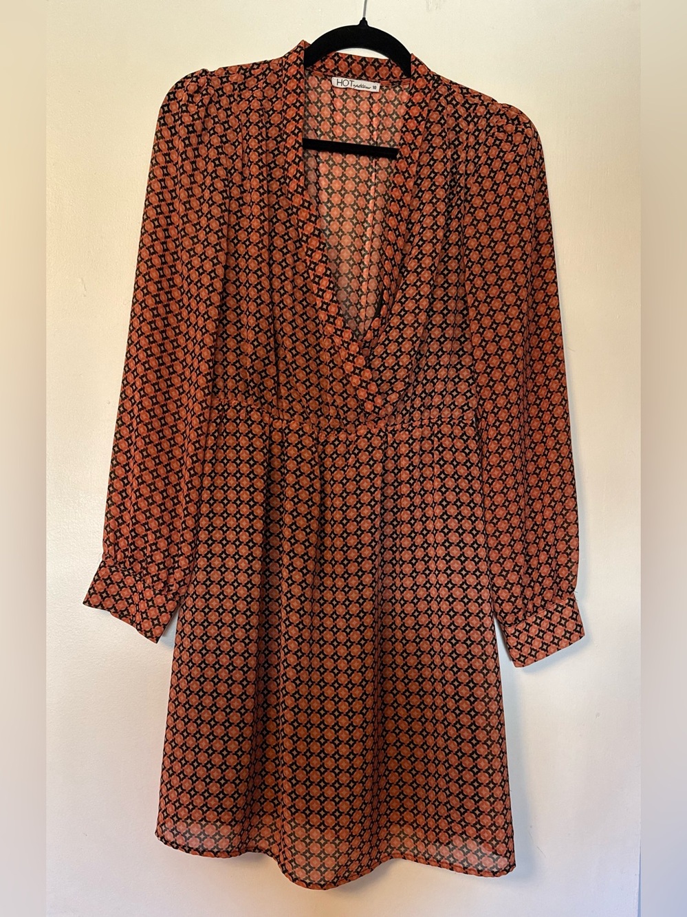 Rust Geo-Print Long Sleeve Dress